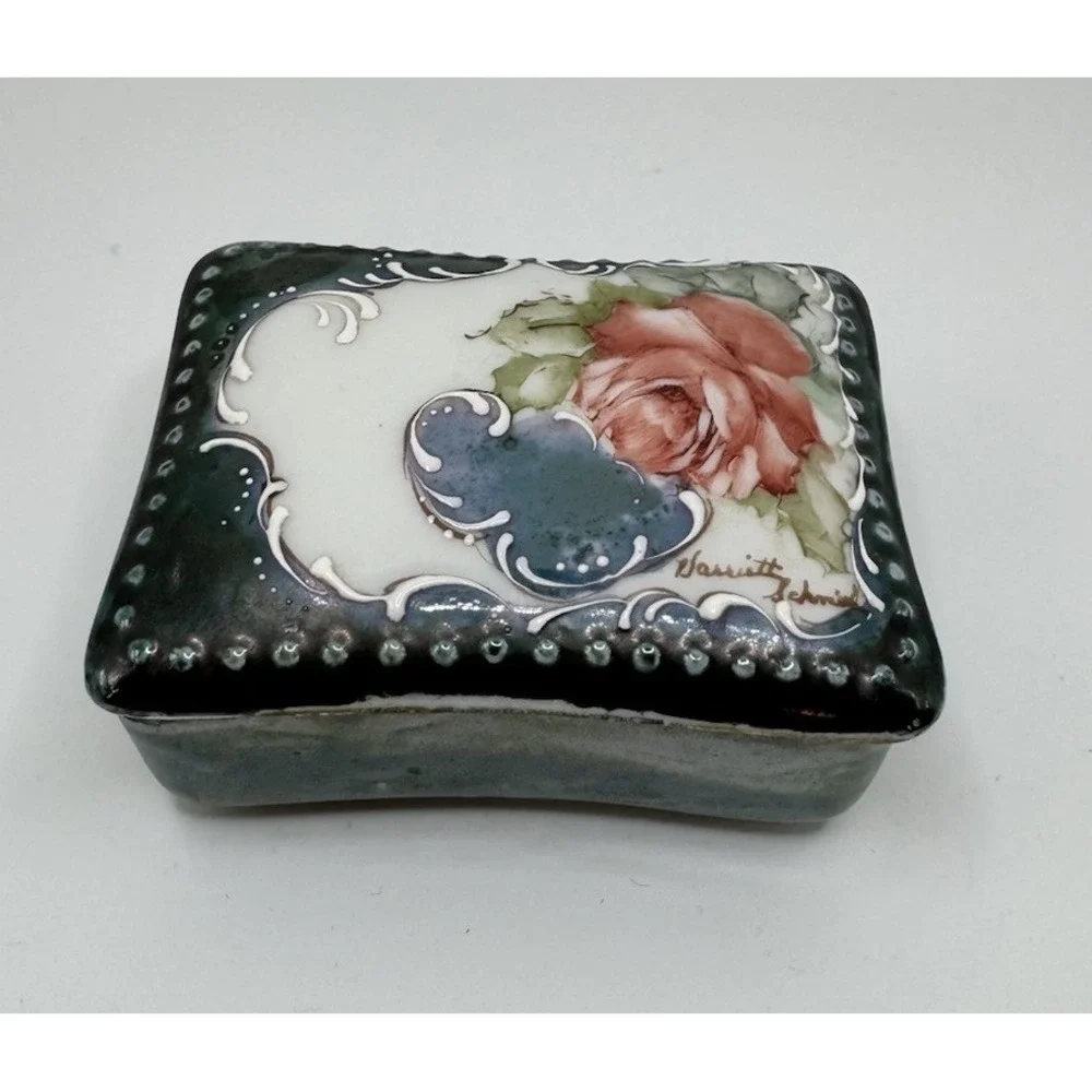 Vintage Porcelain Hand Painted Dresser Vanity Trinket Box Signed Blue Floral